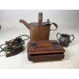 A tin watering can together with an oak desk tidy and other items W:40cm x H:34cm