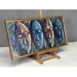 Bazingula (Uganda 1927-1985) Four masks Oil on canvas. Framed W:86cm x H:41cm