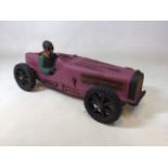A large painted model of a Bugatti car with driver W:72cm x D:27cm x H:10cm