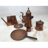 Copper items including an arts and crafts style square water jug also with a hot water and chocolate