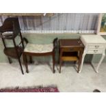 A painted two drawer bedside table with an occasional table, inlaid, with drawer piano stool and a