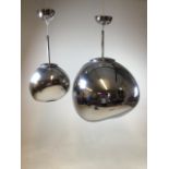 Tom Dixon large chrome and small chrome melt pendant light fittings in chrome melt design.