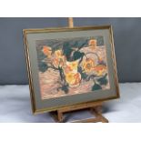 Farmed lino print of impressionist pastel flower vase. Good condition.