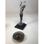 An Art Deco silvered metal figural lamp on wooden base. Marked Limousin A/F. H:39cm