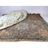 A crewel work rug also with 2 mats and a length of upholstery fabric A/F W:78cm x H:120cm Crewel rug