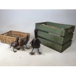 Three metal birds also with a vintage painted crate and a basket H:37cm Height of tallest bird W: