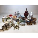 A quantity of miscellaneous items including Crown Devon jugs, brass Candles holders