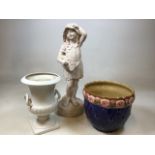 A plaster figure of a girl with flowers, a ceramic planter and A Shorter urn A/F H:57cm Figure