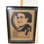 A printed poster of Safety Last featuring Harold Lloyd, 1913-1963. The film was a silent movie
