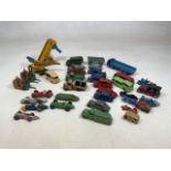 Dinky toys in play worn condition including MG record car, two Coventry Climax Fork Lift trucks in
