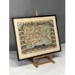 Framed pictorial map of Oxford with illustrations for the citys famous colleges and notable