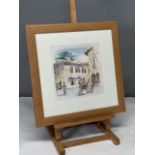 Annie Cabot: "Street scene in Peyets, France". Watercolour. 24.5cms square. Signed