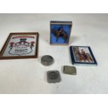 Collectible items including a Timpo model of Queen Elizabeth II riding side saddle, 2 compacts,