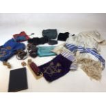 A collection of vintage Jewish Tefillin in velvet bag, together with Tallit in velvet bag, Kippah