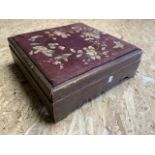 A square tapestry low stool. Dark stained pine with deep burgundy cushion. embroidered with
