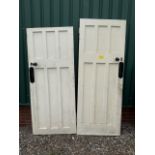 Two painted doors with wooden handles and ceramic plaques. W:78.5cm x H:202cm W:80cm x H:188.5cm