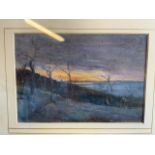 A Small original weatercolour of a sunset landscape. Unsigned. W:17cm x H:12cm