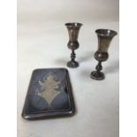 A pair of small hallmarked silver vases, also with a white metal card case with mark inside (see