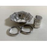Small silver. A pair of silver bangles a bon bon dish and a small lidded canister. 83 grams.