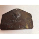 A Coldstream Guard Bed plate in brass stamped Coldstream Guards 2648930 J. Willing. Makers mark to