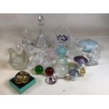 Paperweight, glass mushrooms and other glass items