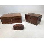 A nineteenth century tea caddy with brass inlays, lid interior lined with velvet. Also with two