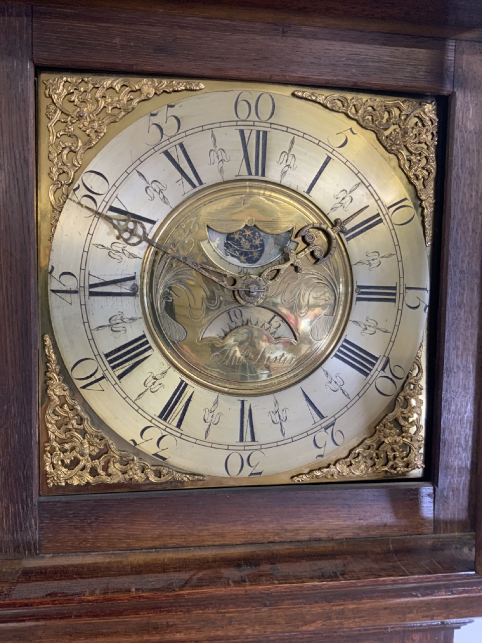 A Thomas Lister Georgian oak longcase clock with weight and pandulum. Brass face with later but - Bild 3 aus 8