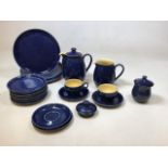 A quantity of Blue Denby, five dinner plates, eight side plates, and other items. Chips to teapot