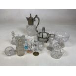 A quantity of glass,includes, claret jug, crypt set, one item with hall marked silver trim