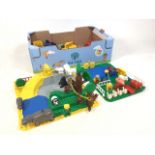 Box of LEGO Duplo bricks, a zoo play set and a farm play set. Good used condition.
