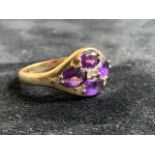 9ct gold amethyst and diamond dress ring. Total weight 3gm. Size P