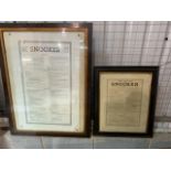 Two framed rules of snooker posters. Oldest c.1919 size of poster W:17cm x H:39cm.