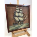 Framed wooden painted relief of a galleon on the open sea. Good condition. Nautical interest. W:47.