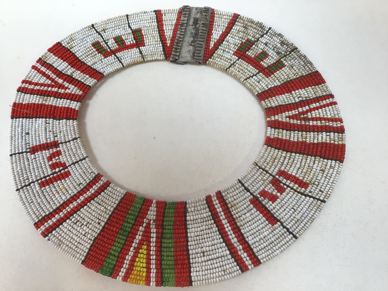 An attractive East African Maasai tribe white, red and coloured enamel bead collar, circa 1950, - Image 3 of 8