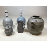 Dorothy Kemp. Studio pottery, two lamp bases, a vase, jug and sugar bowl H:20cm Vase height