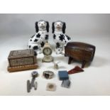 A pair of Staffordshire style dogs, an inlaid musical cigarette dispenser, a wooden barrel shaped