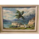 Anne Sudbury, a mid century oil on board of a Caribbean view. With exhibitors labels verso. Size
