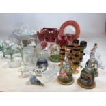 A glass punch bowl with eight cups, embellished Italian glasses, crystal tumblers, glass flowers and