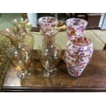 Four amber glass vases and three mosaic vases