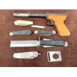 A collection of pen knives also with a Diana Mod 2 British made air pistol.