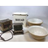 An Enamel bread bin, a vintage Magnet toaster with original box, two mixing bowls - A/f, a Clover
