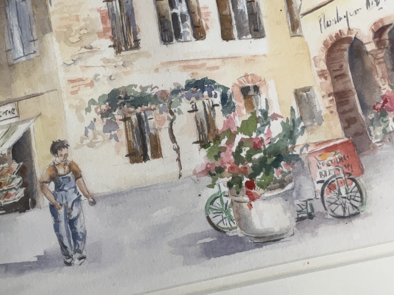 Framed Continental school watercolour of a European village square scene. Signed by Annie Cabot. - Image 4 of 5