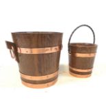 P.H. Foulon coopered oak ice bucket and bottle holder. Metal sleeve interior, loop handles to either