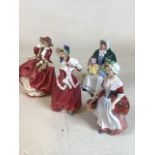 Four Royal Doulton figures. The Rag Doll Seller, Prue, Christmas Morn, Top O the Hill