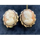 Two 9 carat gold mounted shell cameo brooches depicting ladies in profile W:2.5cm x H:3cm