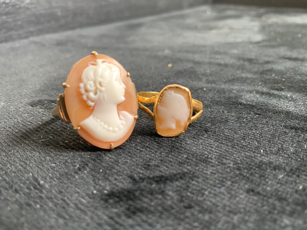 22ct gold small cameo ring, size K also with a 9ct gold cameo ring Size N