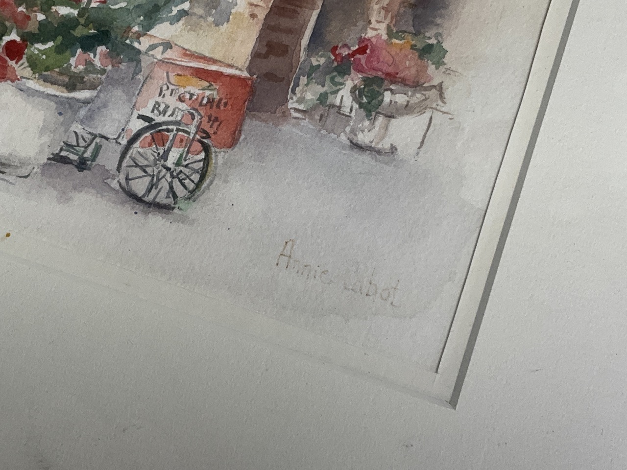 Framed Continental school watercolour of a European village square scene. Signed by Annie Cabot. - Image 5 of 5