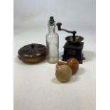 A vintage lot to include a metal coffee grinder, wooden carved lidded bowl, Bridgwater glass