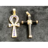 9ct gold and onyx cross also with a hallmarked yellow metal and lapis ankh