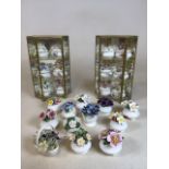 Royal Albert posy pots in a pair of display cases with others H:25cm Display case